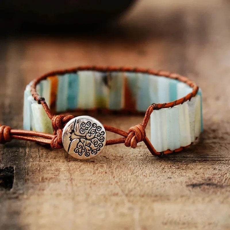 Natural Amazonite Stone & Leather Tree Of Life Bracelet