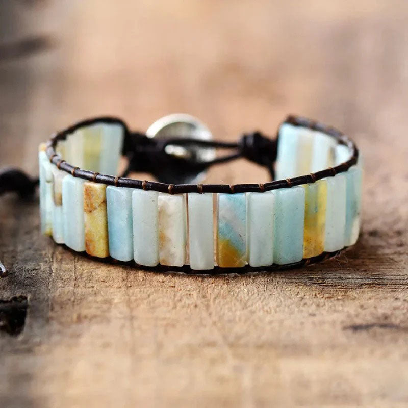 Natural Amazonite Stone & Leather Tree Of Life Bracelet