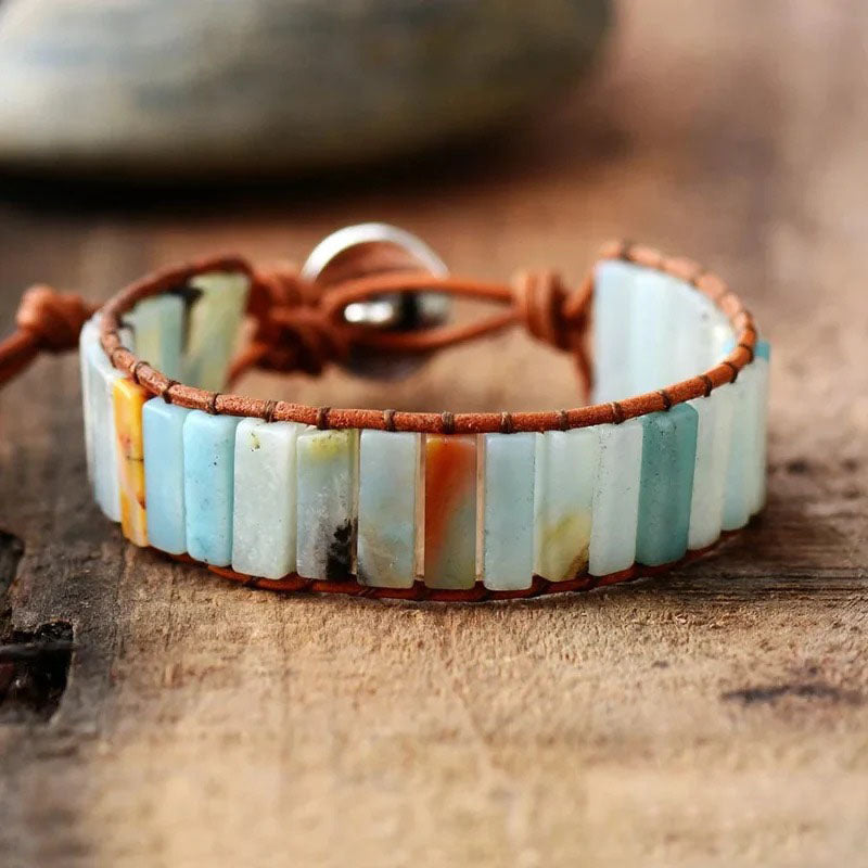 Natural Amazonite Stone & Leather Tree Of Life Bracelet