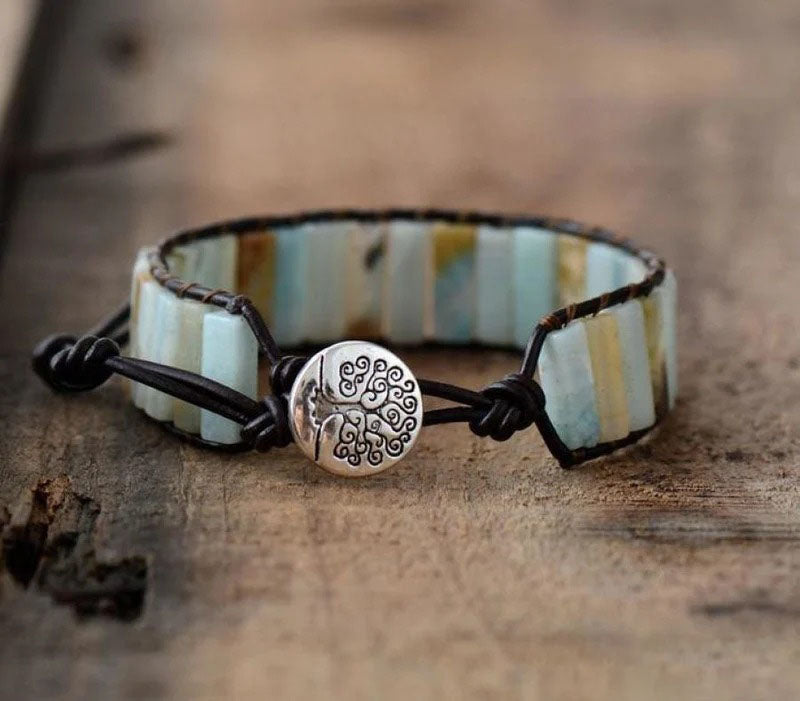 Natural Amazonite Stone & Leather Tree Of Life Bracelet