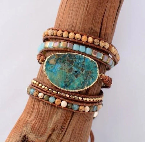 Handmade Natural Ocean Jasper Leather Wrap Bracelet