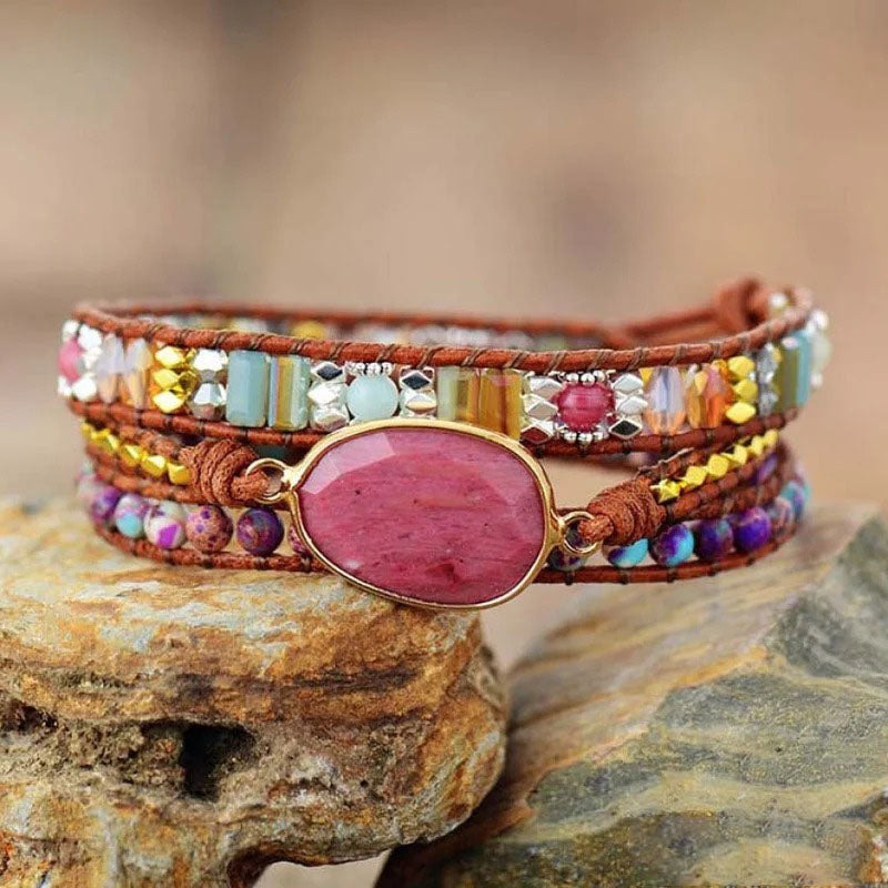 Natural Rhodonite & Jasper Wrap Bracelet