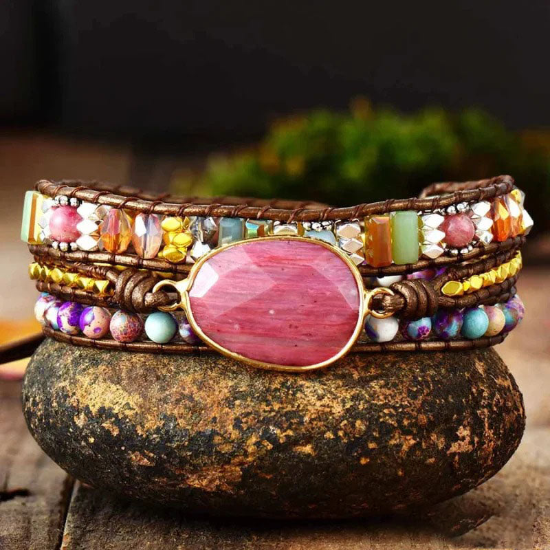 Natural Rhodonite & Jasper Wrap Bracelet
