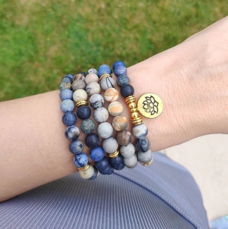 108 Natural Picasso Jasper & Blue Stone Mala Bead Bracelet