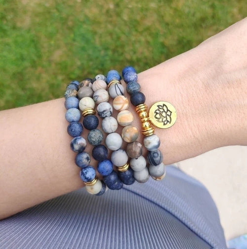 108 Natural Picasso Jasper & Blue Stone Mala Bead Bracelet