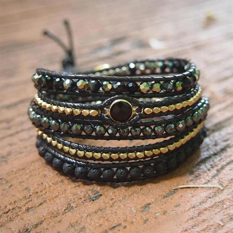 Handmade Natural Black Lava Stone & Hematite Gemstone Wrap Bracelet