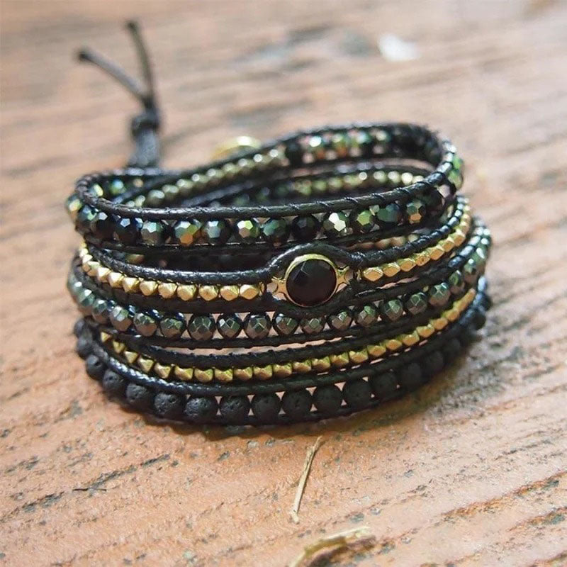 Handmade Natural Black Lava Stone & Hematite Gemstone Wrap Bracelet